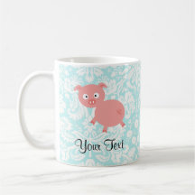 Cute Pink Pig; Teal Damask Coffee Mugs