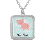 Cute Pink Pig; Teal Damask Custom Jewelry