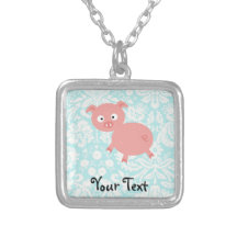 Cute Pink Pig; Teal Damask Custom Jewelry