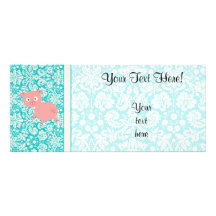 Cute Pink Pig; Teal Damask Rack Card Design