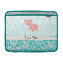 Cute Pink Pig; Teal Damask Sleeves For MacBook Air