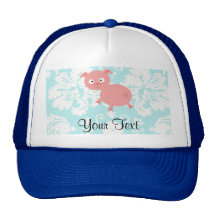 Cute Pink Pig; Teal Damask Trucker Hats