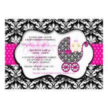 Cute Pink Polka Dot Damask Baby Shower Invite