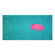 Cute pink sleeping bear turquoise glitter photo card