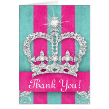 Cute Princess Crown Bling Pink Stripes Blue Cards