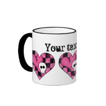 Cute punk hot pink and black heart and skull mugs