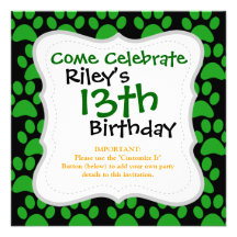 Cute Puppy Dog Paw Prints Green Black Custom Invitations