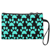 Cute Puppy Dog Paw Prints Teal Blue Black Wristlet Clutches