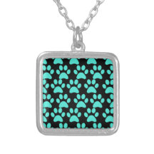 Cute Puppy Dog Paw Prints Teal Blue Black Personalized Necklace