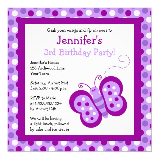 Cute Purple Butterfly & Polka Dots Birthday Invite