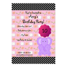 Cute purple elephant birthday invitation