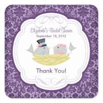 Cute Purple Love Birds Bridal Shower Square Square Stickers