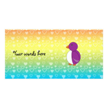 Cute purple penguin rainbow hearts personalized photo card