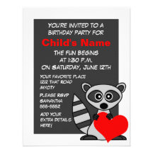 Cute Raccoon and Heart Birthday Invitation