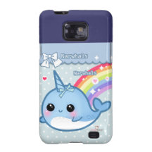 Cute rainbow narwhal on white & blue polka dots galaxy s2 covers