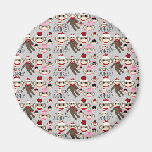 Cute Red and Pink Sock Monkeys Collage Pattern Fridge Magnet