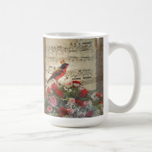 Cute red bird & vintage music sheet coffee mug
