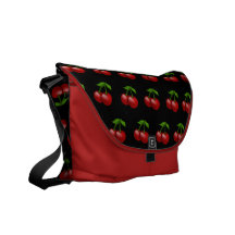 Cute Red Cherries on Solid Black Cherry Pattern Messenger Bags