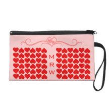 Cute Red Heart Pattern and Scroll Monogram on Pink Wristlets
