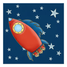 Cute Red Rocket & Stars Invitations