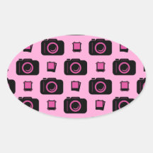 Cute Retro Style Pink Black Camera Pattern Oval Stickers