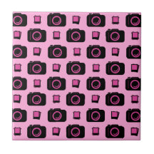 Cute Retro Style Pink Black Camera Pattern Tile
