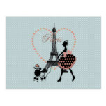 Cute romantic vintage girl silhouette walking postcard