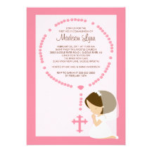 Cute Rosary First Communion Invitation Girl Pink