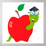 cute school grad graduation worm in apple poster