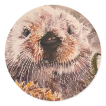 Cute Sea Otter In Kelp Watercolor Seascape Sticker