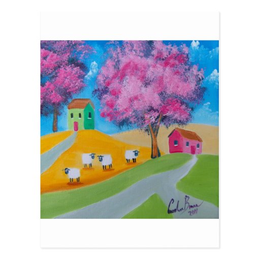 Cute sheep colourful folk art picture post card
