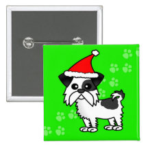 Cute Shih Tzu cartoon Santa Hat - Black and White Pinback Button