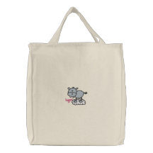 Cute silly light blue hippo embroidered tote bags