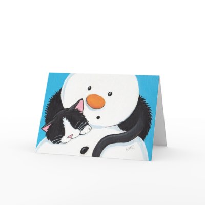 Cute Sleepy Tuxedo Cat and Snowman Christmas Card by LisaMarieArt