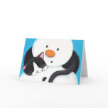 Cute Sleepy Tuxedo Cat and Snowman Christmas Card