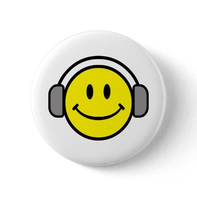 cute smiley face with headphones pinback buttons by super_shop