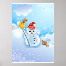 Cute Snowman with Christmas Robins Posters