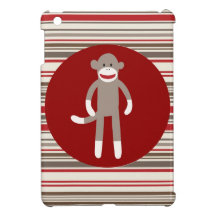 Cute Sock Monkey on Red Circle Red Brown Stripes