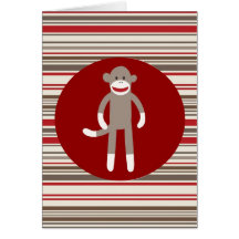 Cute Sock Monkey on Red Circle Red Brown Stripes Greeting Cards
