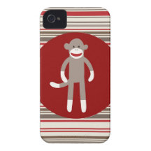Cute Sock Monkey on Red Circle Red Brown Stripes Case-Mate iPhone 4 Case