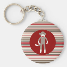 Cute Sock Monkey on Red Circle Red Brown Stripes Keychain