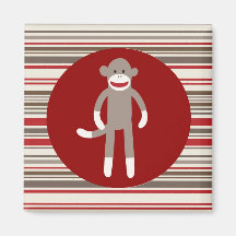 Cute Sock Monkey on Red Circle Red Brown Stripes Magnets
