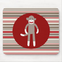 Cute Sock Monkey on Red Circle Red Brown Stripes Mouse Pads