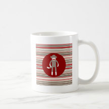 Cute Sock Monkey on Red Circle Red Brown Stripes Mugs