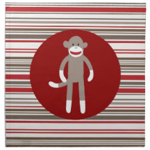 Cute Sock Monkey on Red Circle Red Brown Stripes Cloth Napkin