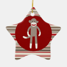 Cute Sock Monkey on Red Circle Red Brown Stripes Christmas Ornament