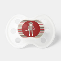 Cute Sock Monkey on Red Circle Red Brown Stripes Baby Pacifier