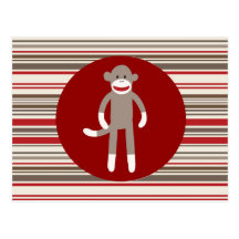 Cute Sock Monkey on Red Circle Red Brown Stripes Postcard