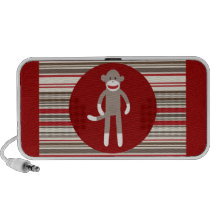 Cute Sock Monkey on Red Circle Red Brown Stripes PC Speakers
