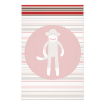 Cute Sock Monkey on Red Circle Red Brown Stripes Stationery Paper
